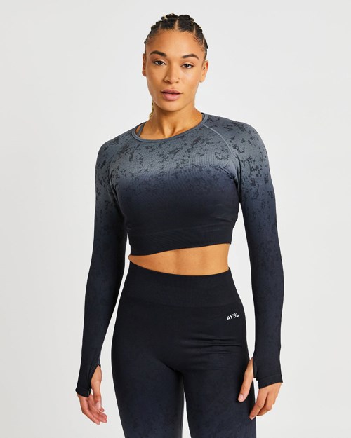 AYBL Flare Seamless Long Sleeve Crop Top Zwart | 6243910-YI