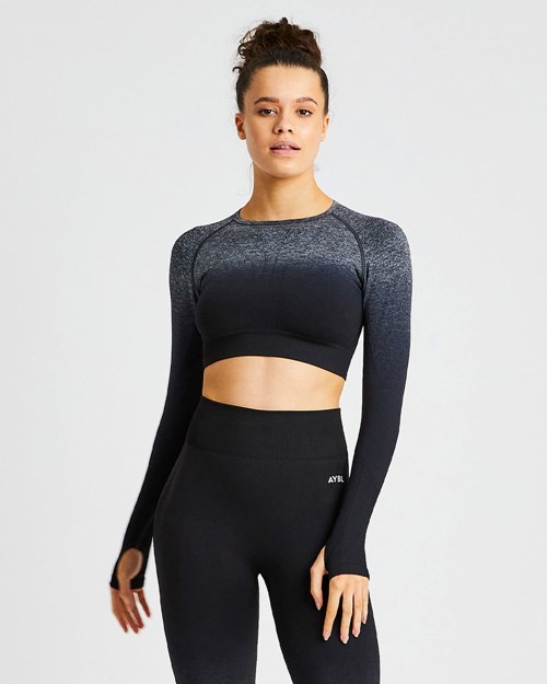 AYBL Pulse Ombré Seamless Long Sleeve Crop Top Black/Grey | 8517630-NY