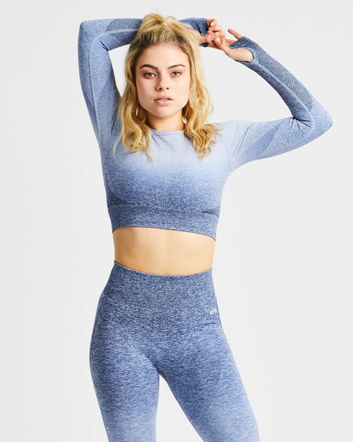 AYBL Pulse Ombré Seamless Long Sleeve Crop Top Donkerblauw | 2756940-UJ