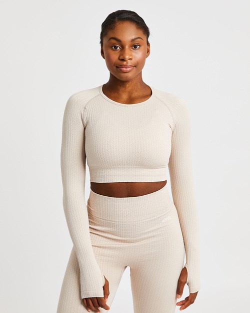 AYBL Luxe Seamless Long Sleeve Crop Top Sand | 5802679-HF