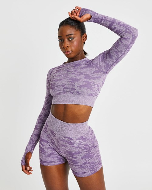 AYBL Evolve Camo Seamless Long Sleeve Crop Top Plum | 7382094-TB