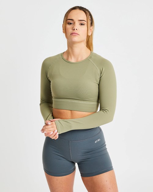 AYBL Core Long Sleeve Crop Top Olijfgroen | 8647105-BZ