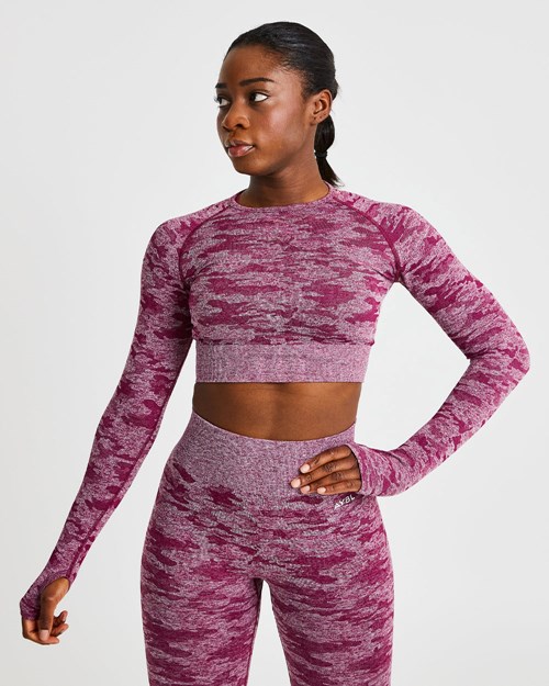 AYBL Evolve Camo Seamless Long Sleeve Crop Top Bordeaux | 1938540-UQ