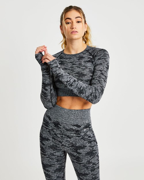 AYBL Evolve Camo Seamless Long Sleeve Crop Top Zwart | 4276538-BS